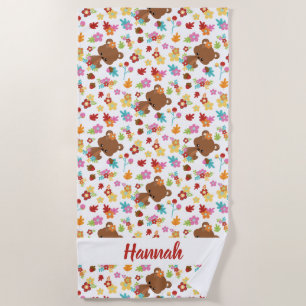 Cute Bear & leaves Little Girl Personalized Name Beach Towel
