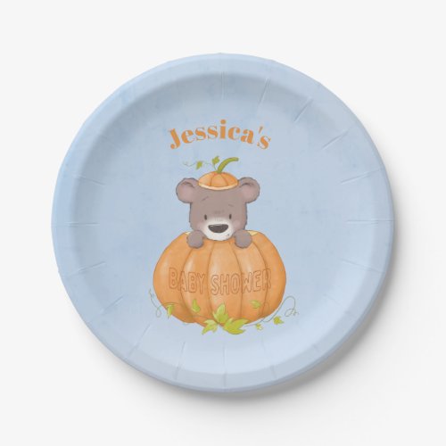 Cute Bear Little Pumpkin Baby Shower Paper Plates