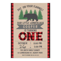 Cute Bear Lumberjack 1st Birthday Invitation