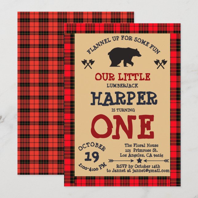 Cute Bear Lumberjack 1st Birthday Woodland Plaid Invitation (Front/Back)