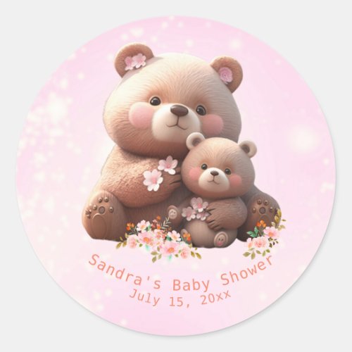 Cute Bear Mom  Baby Shower Personalized Classic Round Sticker