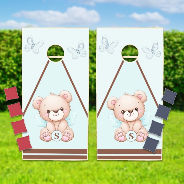 Cute Bear Monogram Cornhole Set (Create a special cornhole set featuring your desired monogram. Bear and Butterflies design.)