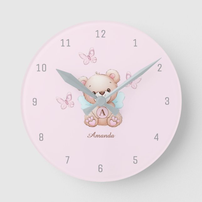 Cute Bear Monogram Name Pink Round Clock (Front)