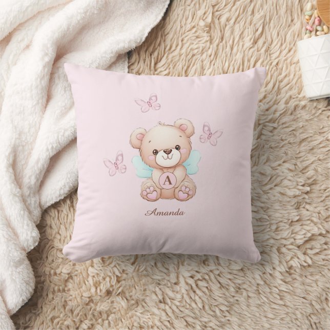 Cute Bear Monogram Name Pink Throw Pillow (Blanket)