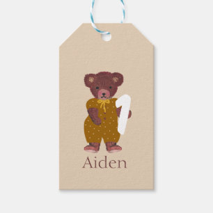 Cute Bear Name Neutral Beige First 1st Birthday Gift Tags