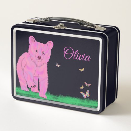 Cute Bear Name School Pink Metal Lunch Box