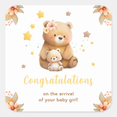 Cute Bear New Baby Arrival Square Sticker