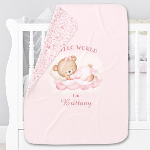 Cute Bear Newborn Girl Name Pink Floral Baby Blanket