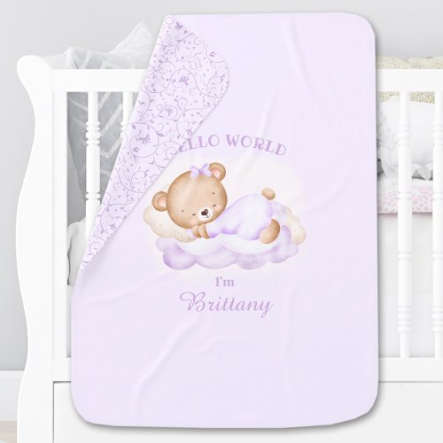 Cute Bear Newborn Girl Name Purple Floral Baby Blanket