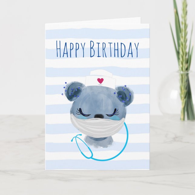 Cute Bear Nurse wearing a Mask Happy Birthday Card (Front)