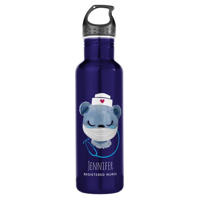 Cute Bear Nurse Wearing a Mask Stainless Steel Water Bottle (Front)