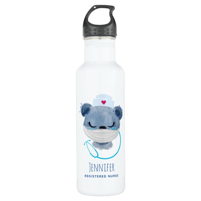 Cute Bear Nurse Wearing a Mask Stainless Steel Water Bottle (Front)