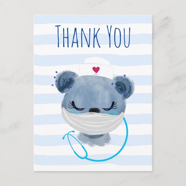 Cute Bear Nurse wearing a Mask Thank You Postcard (Front)