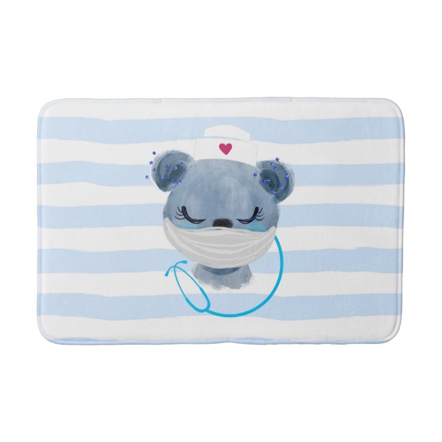 Cute Bear Nurse Wearing a Medical Mask Bath Mat (Front)