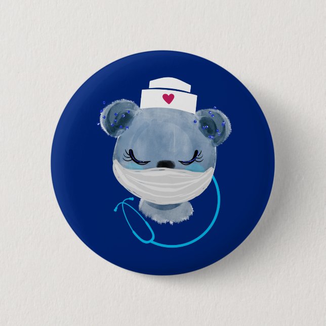 Cute Bear Nurse Wearing a Medical Mask Button (Front)