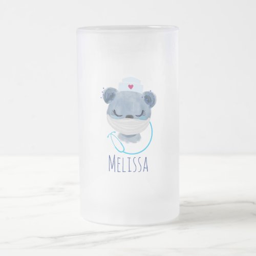 Cute Bear Nurse Wearing a Medical Mask Frosted Glass Beer Mug
