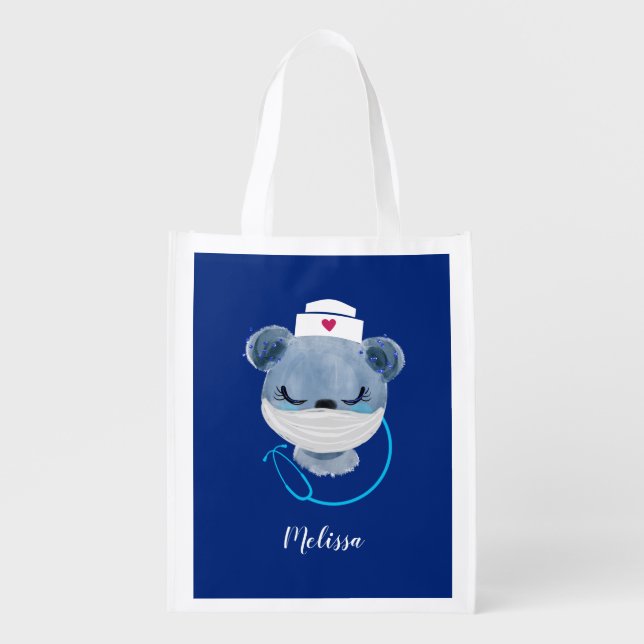 Cute Bear Nurse Wearing a Medical Mask Grocery Bag (Front)