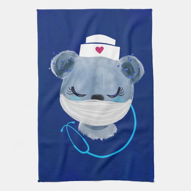 Cute Bear Nurse Wearing a Medical Mask Kitchen Towel (Vertical)