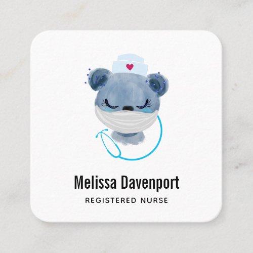 Cute Bear Nurse Wearing a Medical Mask Square Business Card