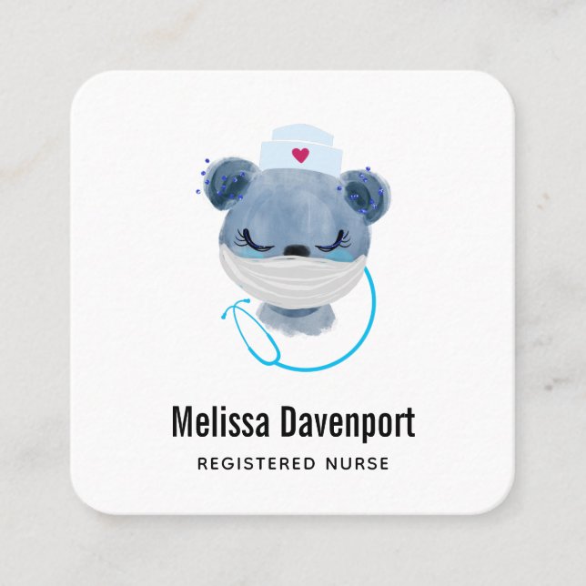 Cute Bear Nurse Wearing a Medical Mask Square Business Card (Front)