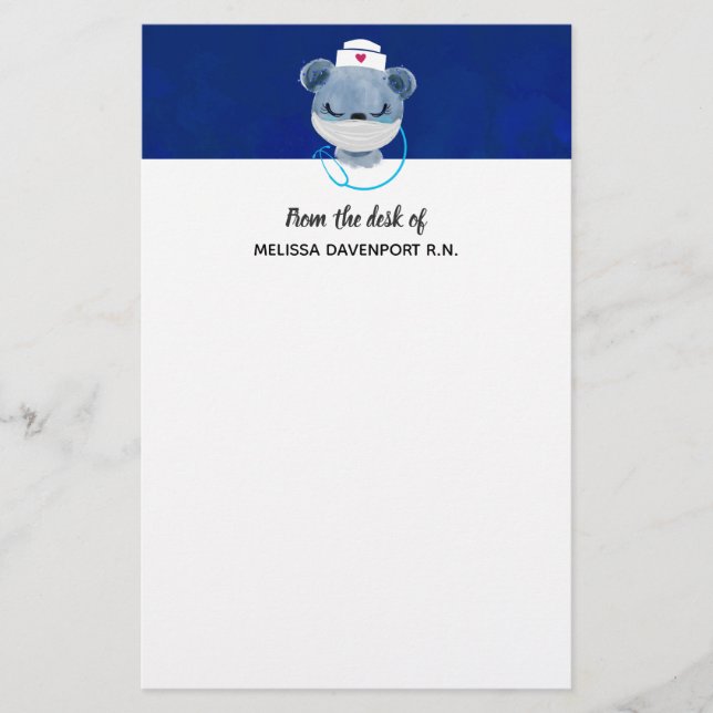 Cute Bear Nurse Wearing a Medical Mask Stationery (Front)