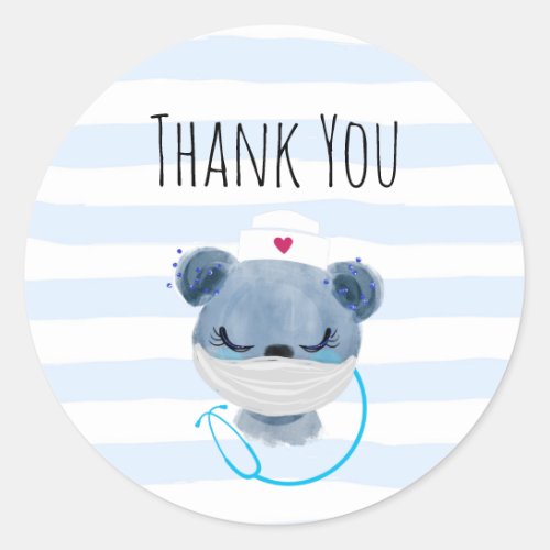 Cute Bear Nurse Wearing a Medical Mask Thank You Classic Round Sticker