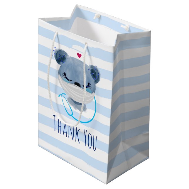 Cute Bear Nurse Wearing a Medical Mask Thank You Medium Gift Bag (Front Angled)