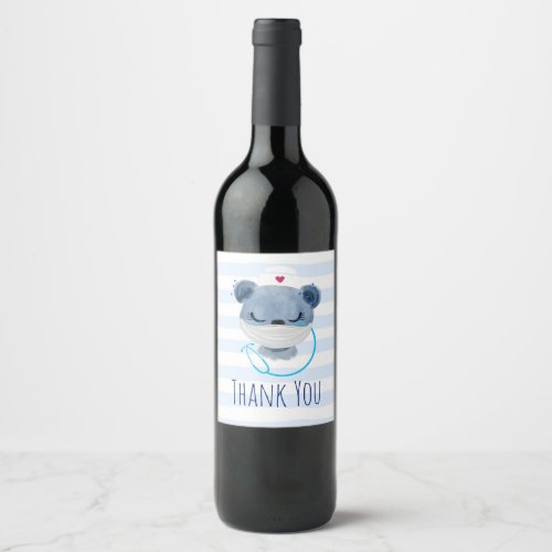 Cute Bear Nurse Wearing a Medical Mask Thank You Wine Label