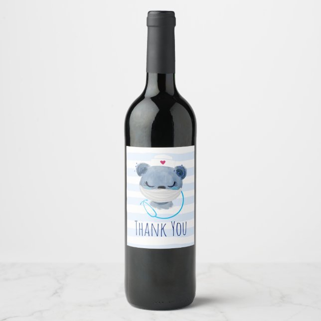 Cute Bear Nurse Wearing a Medical Mask Thank You Wine Label (Front)