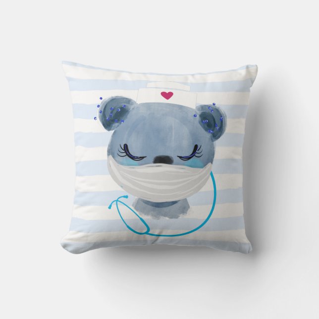 Cute Bear Nurse Wearing a Medical Mask Throw Pillow (Front)