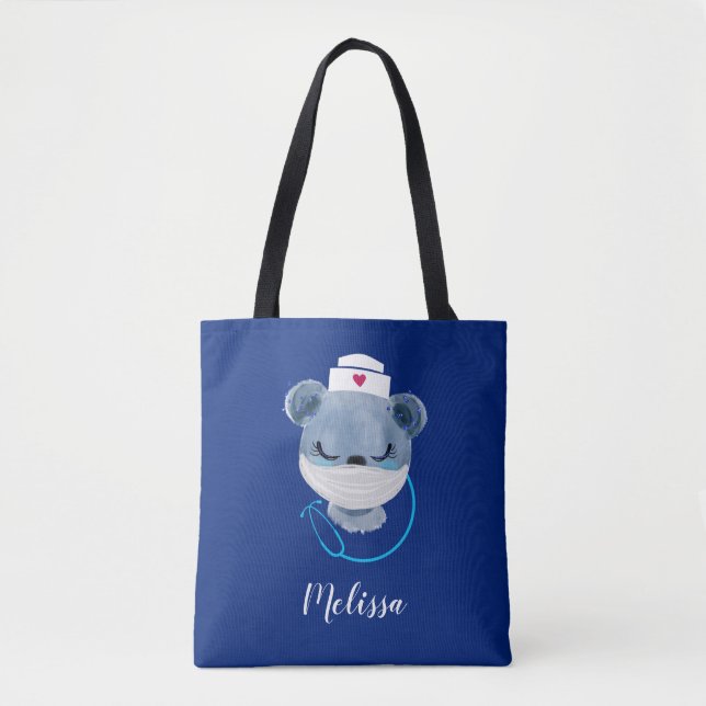 Cute Bear Nurse Wearing a Medical Mask Tote Bag (Front)