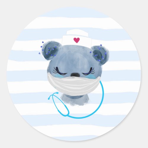 Cute Bear Nurse wearing a Protective Mask Classic Round Sticker