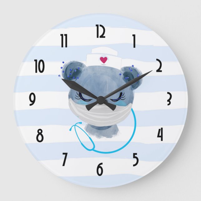 Cute Bear Nurse wearing a Protective Mask Large Clock (Front)