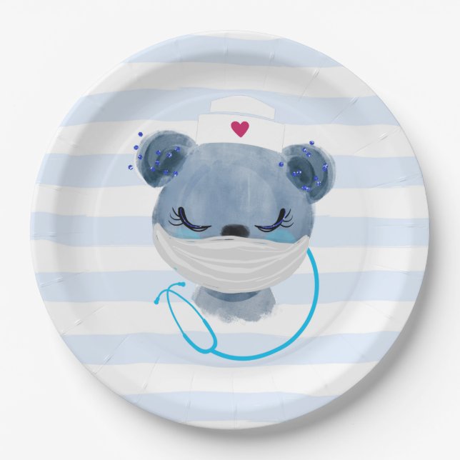 Cute Bear Nurse wearing a Protective Mask Paper Plates (Front)