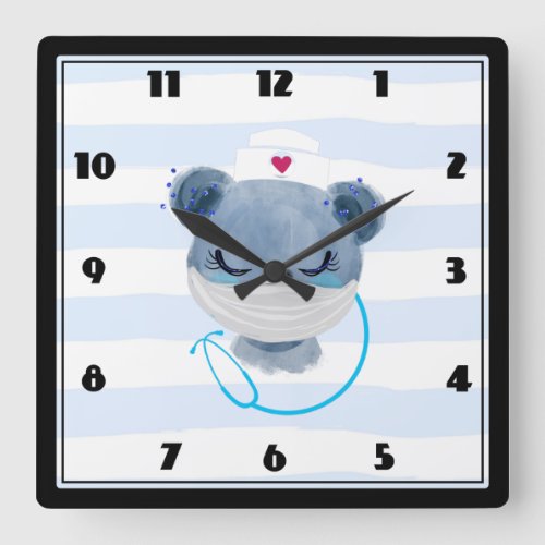 Cute Bear Nurse wearing a Protective Mask Square Wall Clock