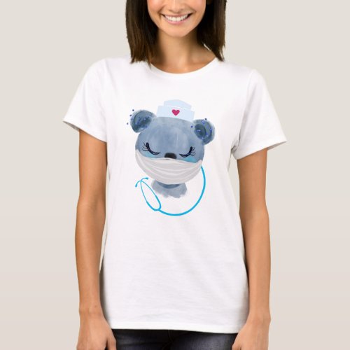 Cute Bear Nurse wearing a Protective Mask T_Shirt
