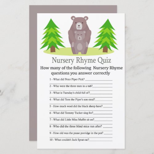 Cute Bear Nursery Rhyme Quiz baby shower game