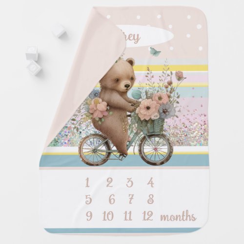 Cute bear on bike soft brown blue custom name baby blanket