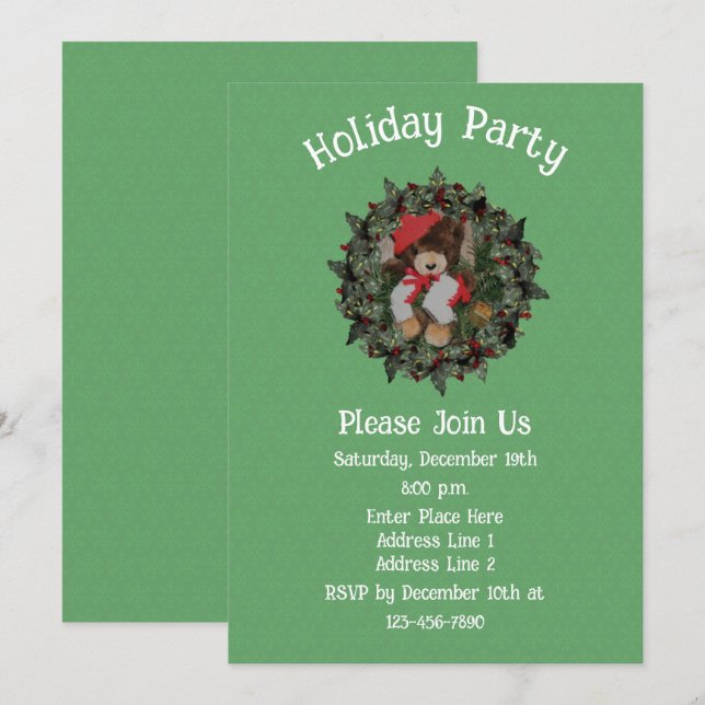 Cute Bear On Wreath Christmas Holiday  Invitation (Front/Back)