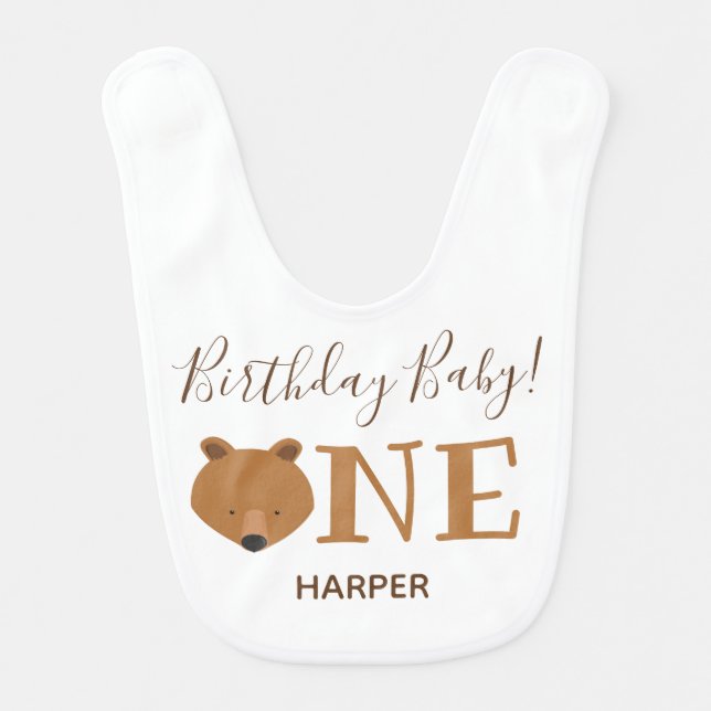 Cute Bear One Name First Birthday Baby Bib (Front)