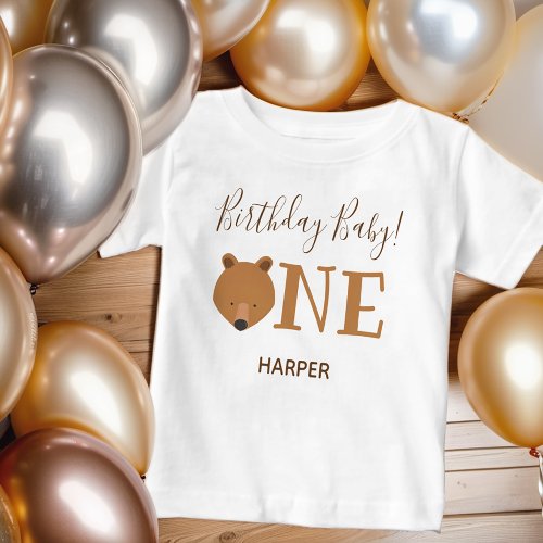 Cute Bear One Name First Birthday Baby T_Shirt