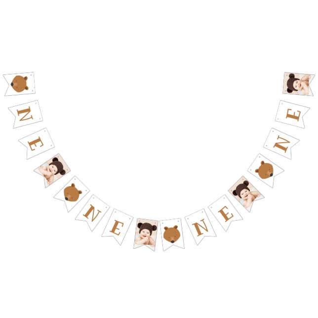 Cute Bear One Photo First Birthday Bunting Flags (All)