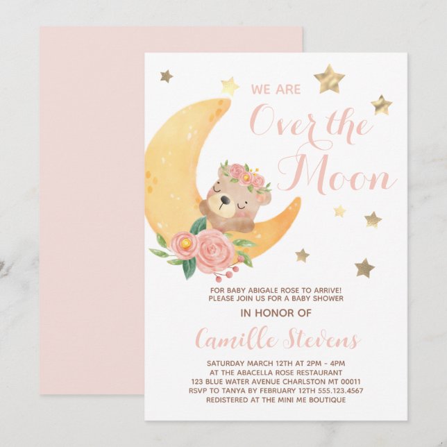 Cute Bear Over the Moon Baby Shower Girl Invitation (Front/Back)