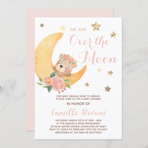 Cute Bear Over the Moon Baby Shower Girl Invitation