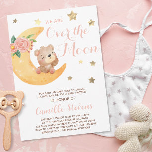 Cute Bear Over the Moon Baby Shower Girl Invitation