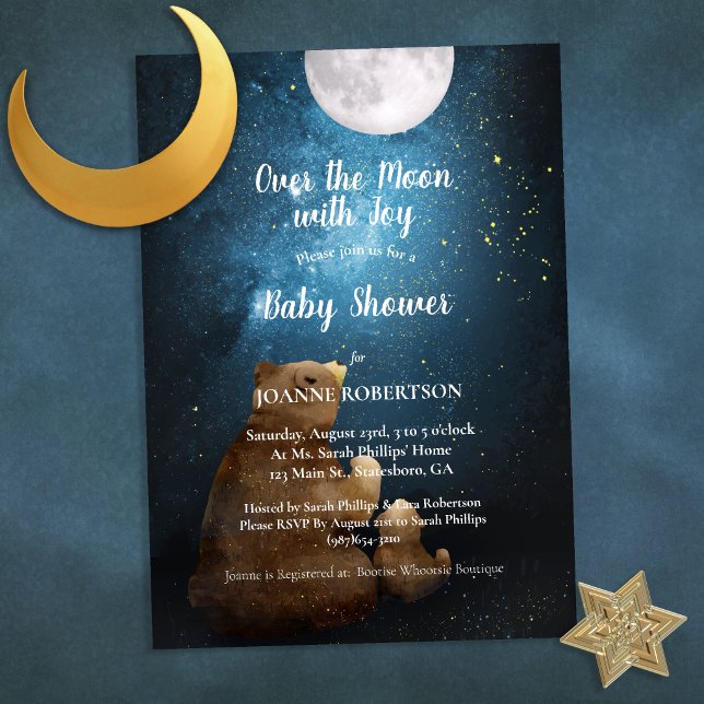Cute Bear Over The Moon Baby Shower Invitation