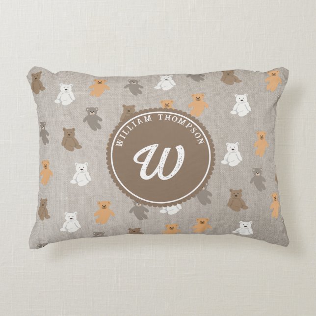 Cute Bear Pattern Initial Monogram Accent Pillow (Front)