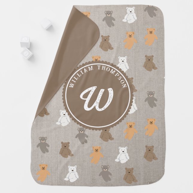 Cute Bear Pattern Initial Monogram Baby Blanket (In Situ)