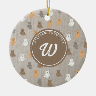 Cute Bear Pattern Initial Monogram Ceramic Ornament