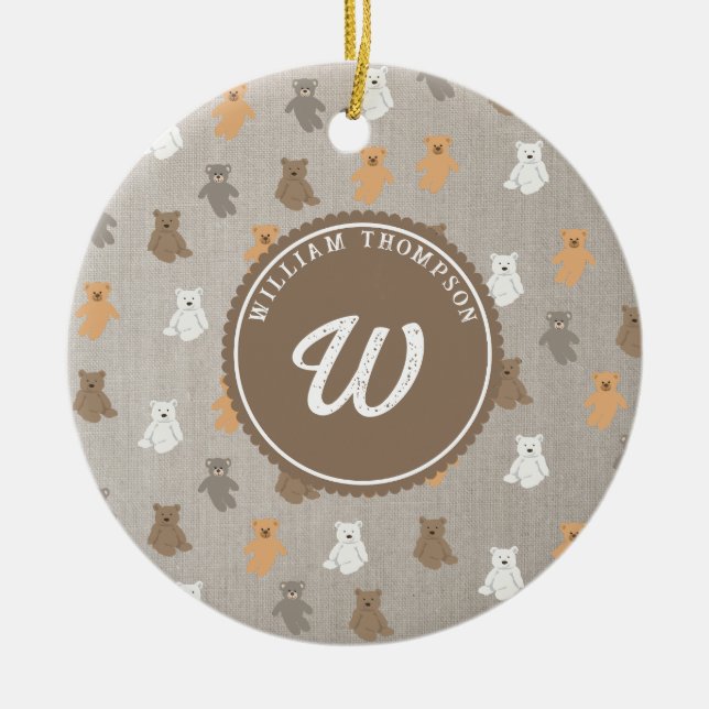 Cute Bear Pattern Initial Monogram Ceramic Ornament (Front)